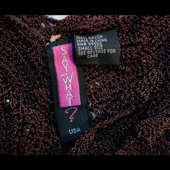 Say What Brown Crotchet Tank Top Fringe Silver Beads Soft Stretch Rayon Large - Picture 4 of 5